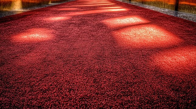 Red carpet walkway illuminated by spotlights.