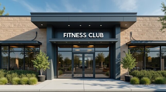 Contemporary fitness facility exterior featuring sleek architectural design with large glass windows revealing exercise activity inside, prominent brand signage