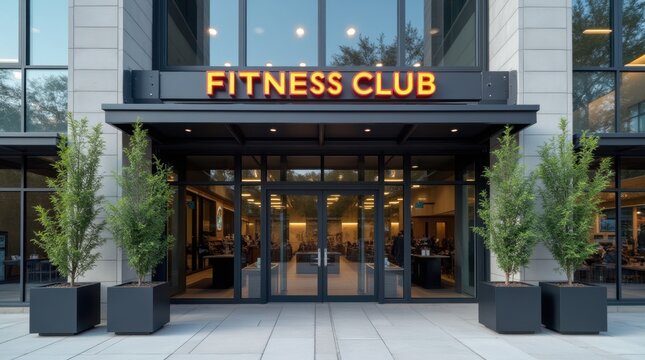 Contemporary fitness facility exterior featuring sleek architectural design with large glass windows revealing exercise activity inside, prominent brand signage