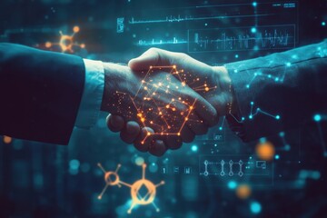 Digital Handshake Representing Business Partnership with Futuristic Technology and Data Visualization Elements
