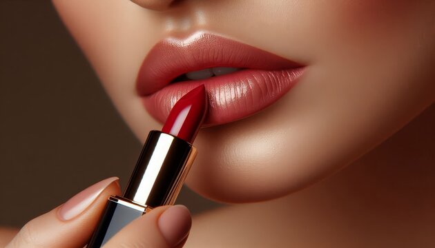 Caucasian Female Model putting on Lipstick - Cosmetic Advertisement of Lip Gloss, Liner, Lipstick, Lip Balm, - Woman Posing with and Applying Lipstick - Gloseup of Beauty Product