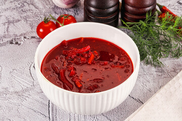 Homemade red soup Borsch with cabbage