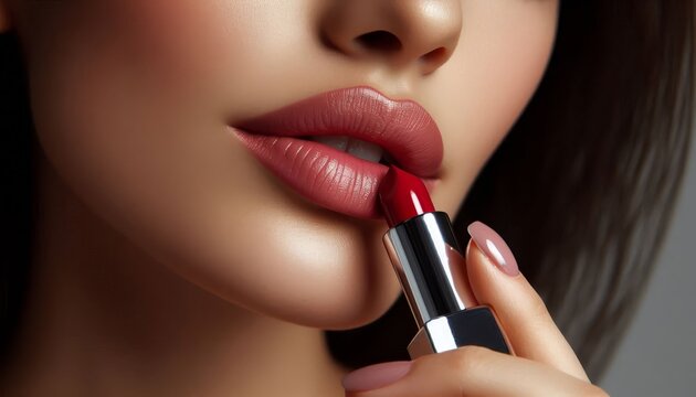 Caucasian Female Model putting on Lipstick - Cosmetic Advertisement of Lip Gloss, Liner, Lipstick, Lip Balm, - Woman Posing with and Applying Lipstick - Gloseup of Beauty Product