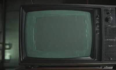 Close-up of vintage CRT TV screen displaying static  Greenish glow, visible scan lines , artifact, tv