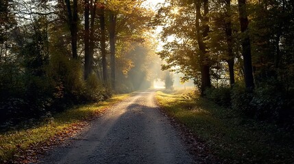 Fototapeta premium A sunlit forest path flanked by tall trees. Used in nature photography or wellness themes, it represents hope, journey, and harmony with nature