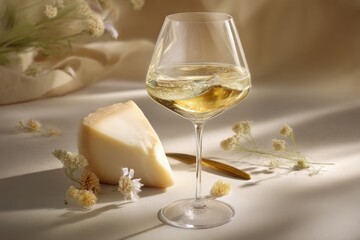 Elegant still life featuring a glass of white wine paired with a slice of cheese, adorned with delicate floral accents on a soft, neutral backdrop, creating a warm ambiance.