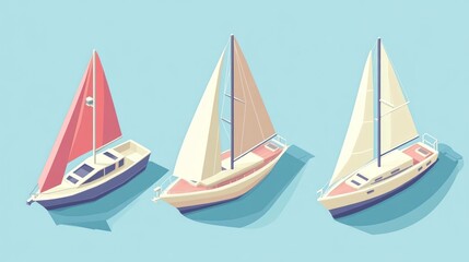 Fototapeta premium Three isometric sailing yachts depicted in pastel colors.