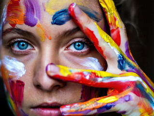 Fototapeta premium Close-Up Portrait with Abstract Multi-Colored Paint Splatter