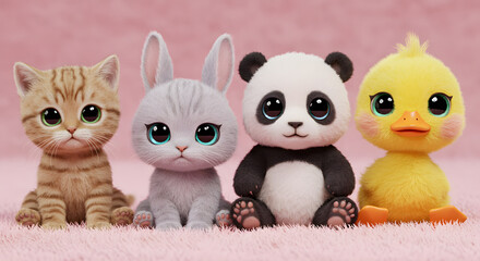 Obraz premium Four plush toys, including a cat, rabbit, panda, and duck, sitting on a pink fuzzy surface with a matching background.