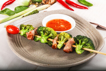 Thai Street foof satay with bacon and broccoli
