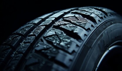 Exploring the Intricate Tread Pattern of a Wet Tire: Close-Up View of Rubber and Water Droplets, Highlighting Texture and Design for Optimal Grip and Performance in Various Driving Conditions.