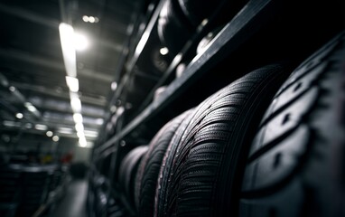 Obraz premium Close-up View of Stacked Tires in Warehouse, Showing Texture and Detail of Rubber, Industrial Storage, Tire Manufacturing