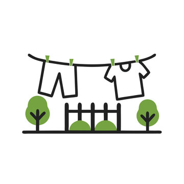 recommend clip art: Clothes drying outdoors with trees in a simple line art style  