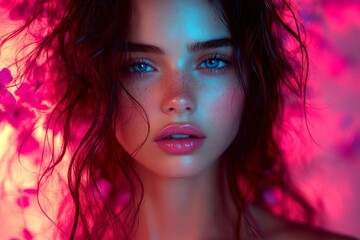 Spring mood, golden hour in sunset. Gorgeous caucasian young woman surrounded by cherry blossoms. Commercial marketing creative. Woman in spring flowers with bright style.