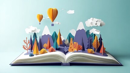 A pop-up paper-cut landscape in an open book with mountains, animals, and hot-air balloons. Used in children's books or creative education