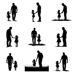 Monochrome silhouette set of nine variations depicting a father walking hand-in-hand with his daughter, with different arrangements and ground details. Represents family, fatherhood, the special bond 