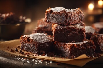 A delicious stack of homemade chocolate brownies, generously dusted with powdered sugar, sitting on parchment paper against a dark background, ready to be enjoyed.