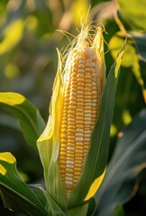 Fresh corn on the cob emerging from lush green leaves during golden hour, showcasing its vibrant yellow kernels and natural beauty in a summer field