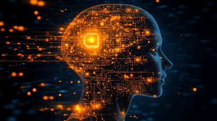 Digital Brain with Circuitry and Connected Icons for Technology, Innovation, and Artificial Intelligence