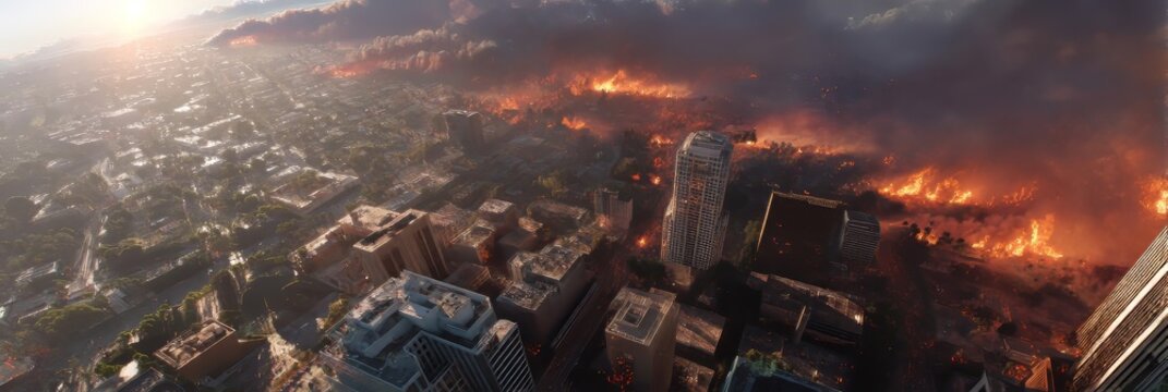 City skyline glows with fire and smoke, a scene of apocalypse and destruction. A nuclear-like explosion signals the end, power fading into hellish silence