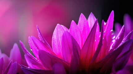 Close-up of vibrant pink flower petals glistening with dew against a soft blurred background
