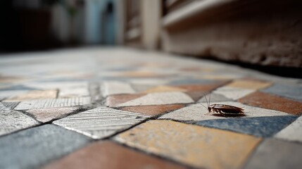 Naklejka premium A solitary cockroach on a patterned tile floor, highlighting nature's small details in an unintended setting.