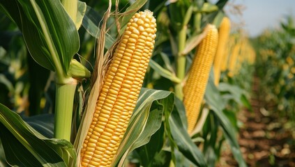 Fresh Yellow Corn on Green Stalks in Agricultural Field Under Bright Sunlight for Farm or Food Themes and Nature Photography