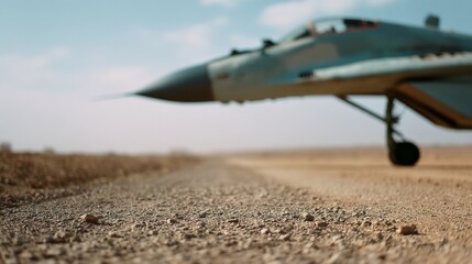 A sleek fighter jet is parked on a dirt runway under a clear, expansive sky, ready for action in an arid, open landscape.
