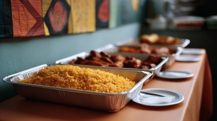 A buffet table with trays of yellow rice and fried food, set up for a casual gathering or meal, inviting and appetizing.