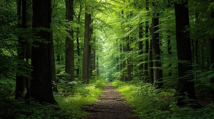 Fototapeta premium Forest Path. A green trail flanked by dense trees and foliage. Used in nature tourism ads, hiking guides, or wellness content. 