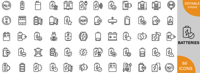 Battery icon set. Containing Vector pictograms of batteries, battery, rechargeable batteries, lithium batteries, car batteries, solar batteries, phone batteries and more. Victor illustrator.
