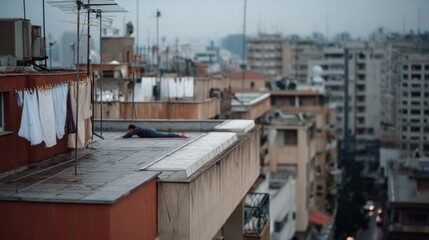 Fototapeta premium Against a soft urban skyline, a figure stretches on a rooftop beneath antennas and laundry, capturing urban solitude and resilience.