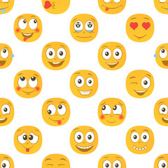 Cartoon colorful emoji seamless pattern design. Background with happy faces smiling, laughing and in love.
