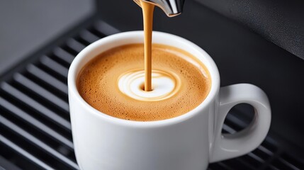 Espresso pouring heart latte art coffee drink beverage closeup