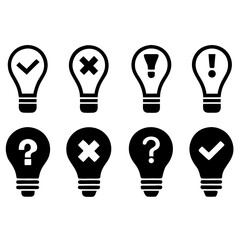 Light Bulb Icons With Check,Question,Exclamation,And Cross Marks Set