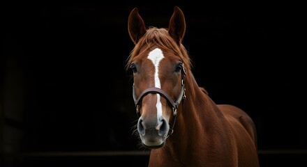Fototapeta premium Chestnut Horse Portrait with White Blaze Head Marking Staring