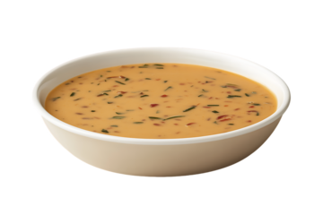 Creamy orange soup with herbs and spices in a white bowl.