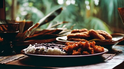 An inviting plate with rice and beans, alongside crispy fried delights, set against a lush green backdrop, creating a vibe of a comforting and hearty meal.