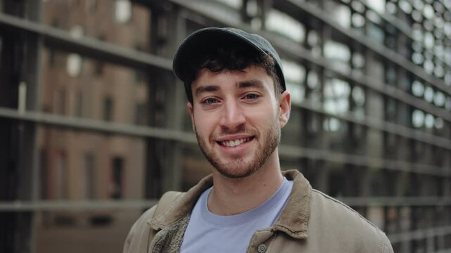 Portrait young man with cap standing in the city looking to the camera with confident expression