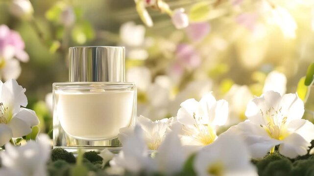 A small jar of cream sits on a table with flowers. The flowers are pink and white and are scattered around the jar. The jar is the main focus of the image