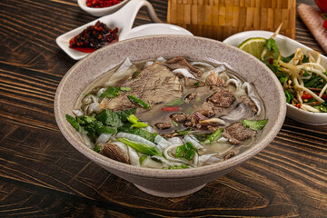 Vietnamese Pho Bo soup with beef and noodles