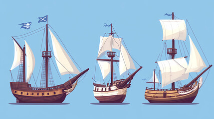 Three Sailboats on the Horizon: A picturesque array of vintage sailboats, meticulously crafted with stunning details, navigate the open water against a serene backdrop.
