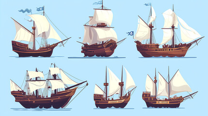 Sailing Vessels Display: A collection of classic sailing vessels with billowing sails gracefully navigate the open sea, showcasing their intricate details.