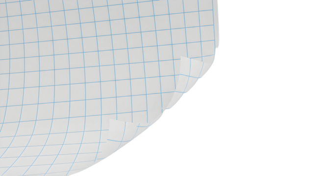 A close up of a white graph paper sheet with blue lines against a black background space with edge curl