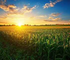 Golden Sunrise Over Lush Green Cornfield with Vibrant Blue Sky and Fluffy White Clouds in the Background, Capturing Nature's Splendor at Dawn