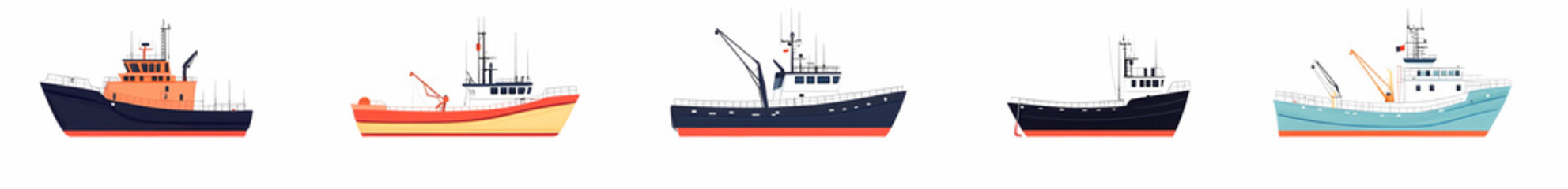 Fototapeta premium Ocean Fleet Array: A minimalist digital rendering showcases a fleet of cargo and fishing vessel illustrations, with diverse hull designs and superstructures