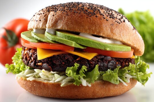 Close-up of a delicious vegan burger featuring a black bean patty, avocado slices, tomato, cheese and fresh lettuce, all nestled in a sesame seed bun.
