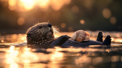 A sea otter floating on its back with a shell