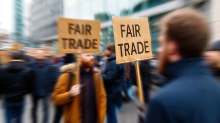Protesters hold signs advocating for fair trade rights in a bustling urban setting