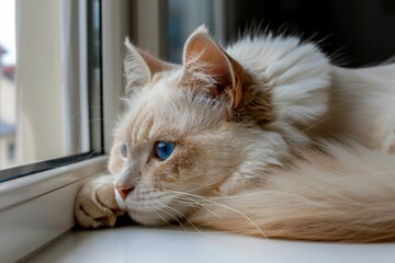 Cream-colored cat resting by window, gazing outside